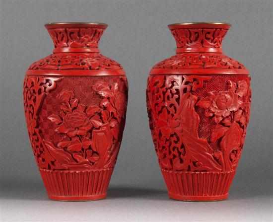 Appraisal: Pair of Chinese cinnabar lacquer vases th century each with