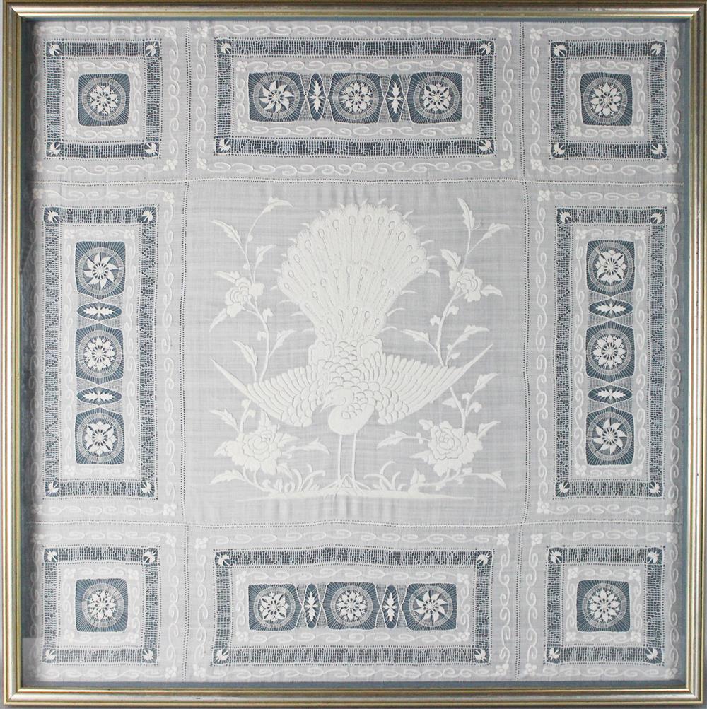 Appraisal: CHINESE CUTWORK AND EMBROIDERY SILK ON LINEN FRAMED square tea