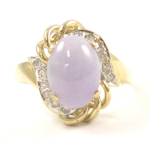 Appraisal: LAVENDER JADE DIAMOND AND FOURTEEN KARAT GOLD RING with eleven