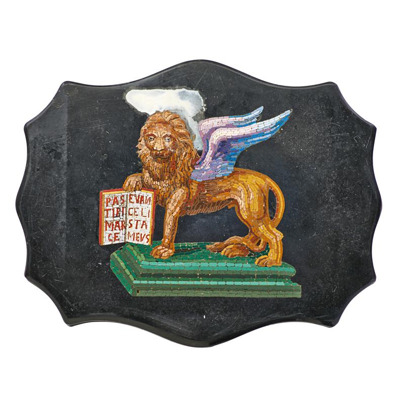 Appraisal: ITALIAN MICROMOSAIC PLAQUE Polychrome depiction of the winged Lion of