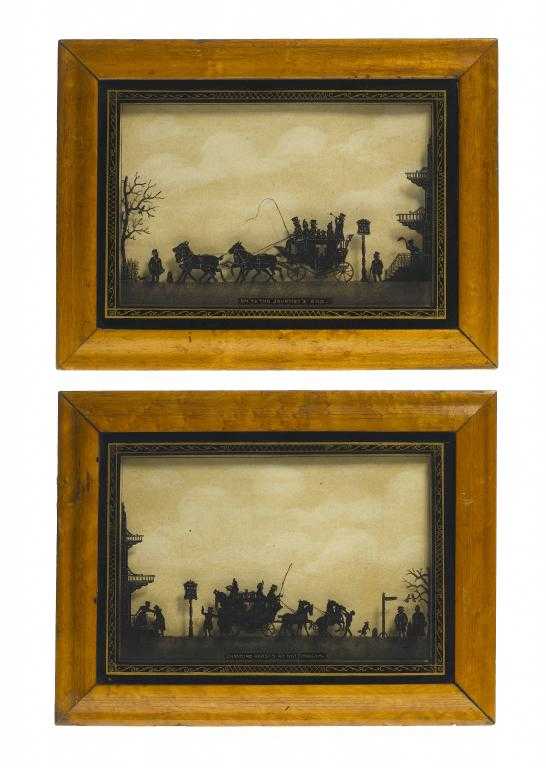 Appraisal: A PAIR OF VERRE EGLOMIS PICTURES coaching scenes in silhouette