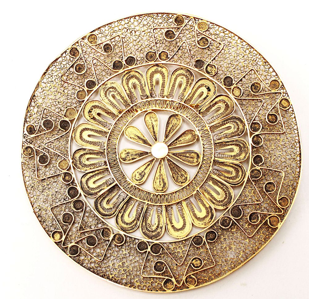 Appraisal: Silver Gilt Vermeil Filigree Large Circular Brooch Large silver-gilt vermeil