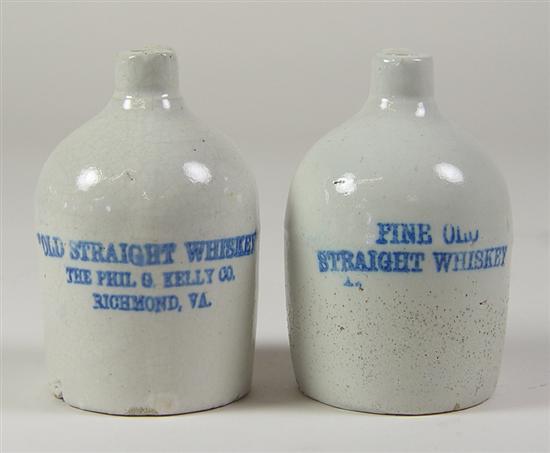 Appraisal: Pair of Miniature Stoneware Whiskey Jugs Loop handled jugs with