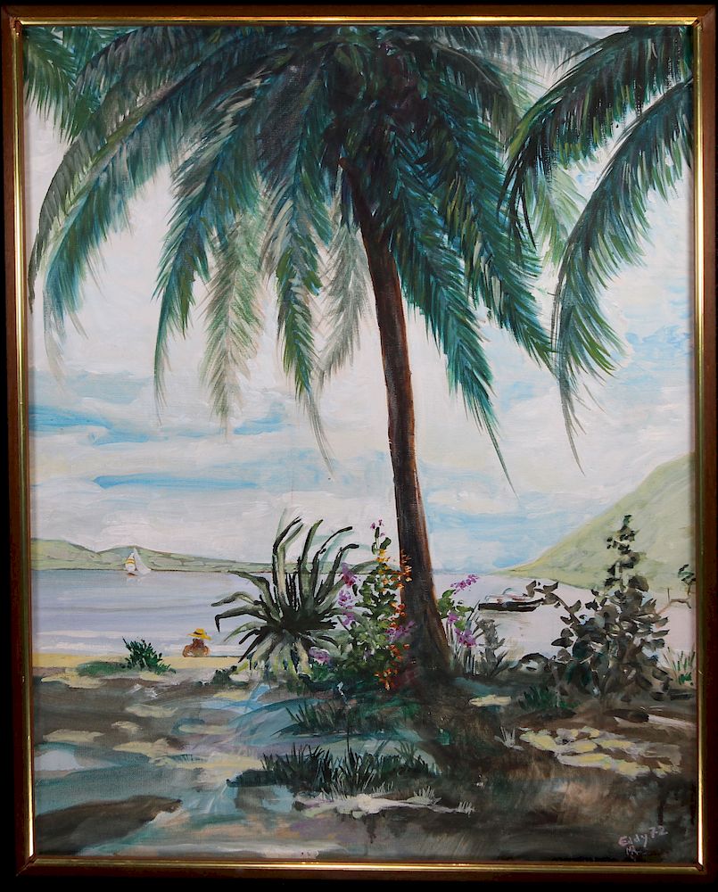 Appraisal: Signed Coastal Painting with Palm Trees Signed Coastal Painting with