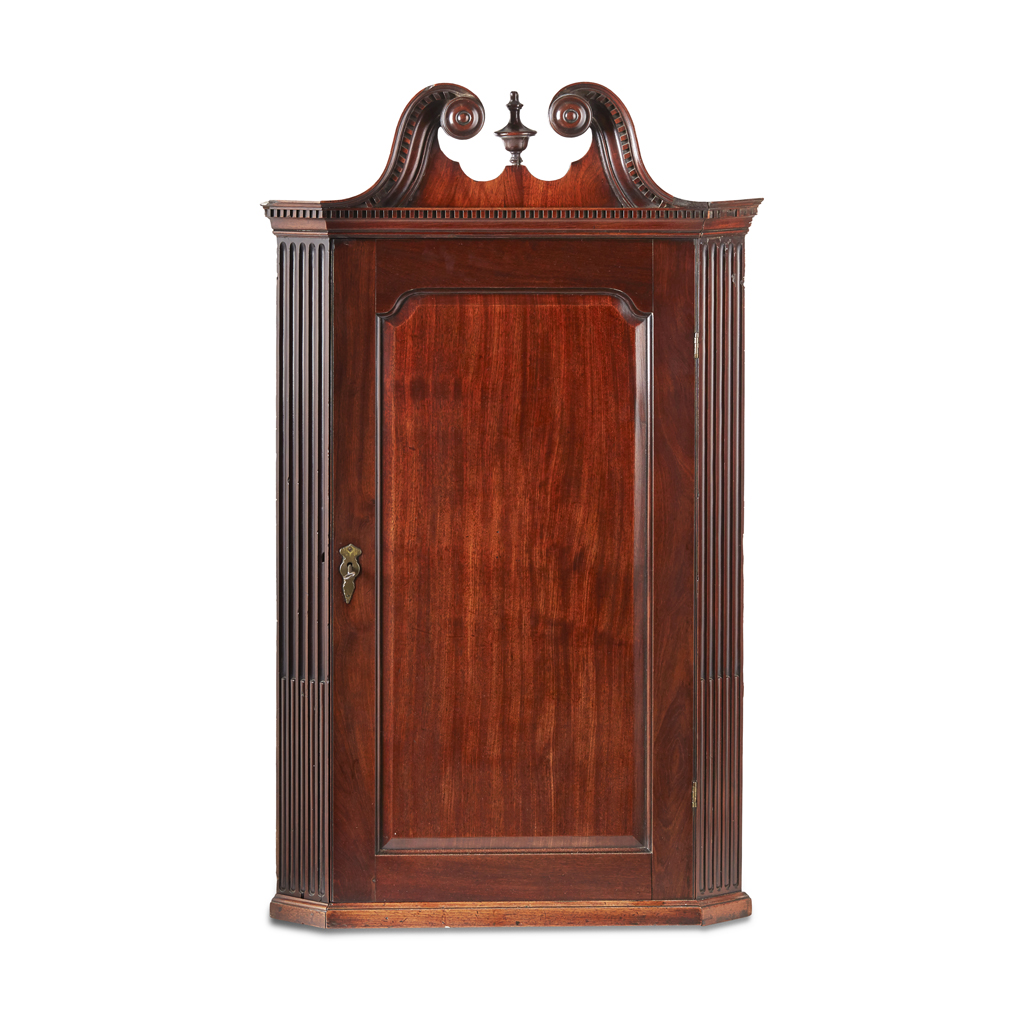 Appraisal: GEORGE III MAHOGANY HANGING CORNER CUPBOARD TH CENTURY the swan