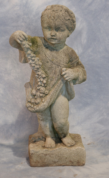 Appraisal: Cast concrete garden cherub holding flowers tall Estimate -