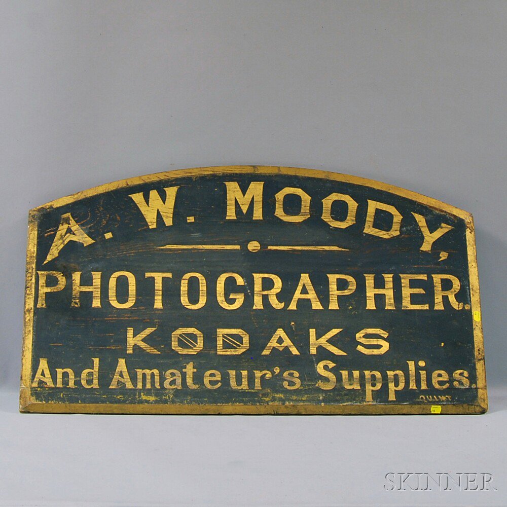 Appraisal: Gilt and Painted Wooden Photographer Trade Sign arched wood panel