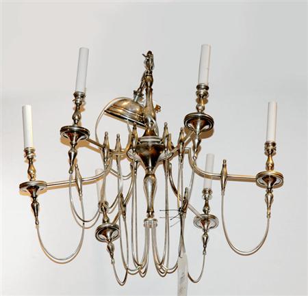 Appraisal: Neoclassical Style Silver Plated Six-Light Chandelier Height inches diameter inches