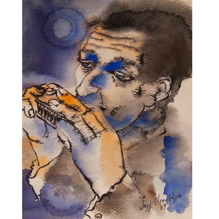 Appraisal: Jeff Donaldson American b Man with Red Harmonicawatercolor on paperc