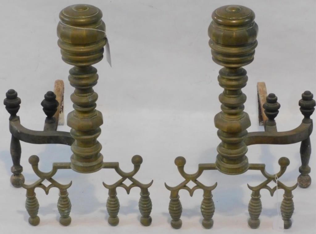 Appraisal: PAIR OF AMERICAN HIGH STYLE BRASS ANDIRONS EARLY th century