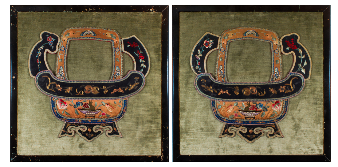 Appraisal: PAIR OF CHINESE EMBROIDERED DECORATIVE PANELS Pair of Chinese embroidered