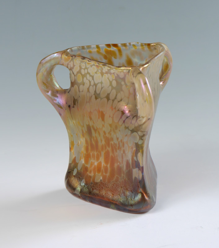 Appraisal: LOETZ OIL SPOT TRIANGULAR HANDLED VASE Unsigned attribution to Loetz