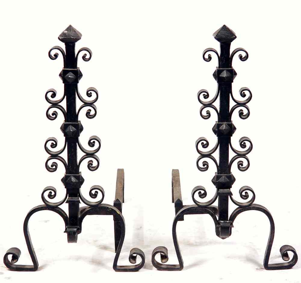 Appraisal: PAIR OF WROUGHT IRON ANDIRONS - Early Period Black Painted