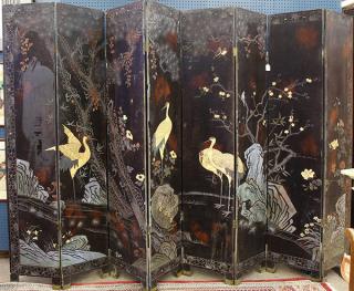 Appraisal: Chinese Coromandel-style eight panel lacquer screens one side featuring cranes