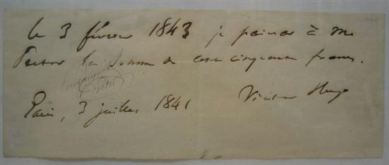 Appraisal: HUGO VICTOR Autograph Note Signed in French On February I