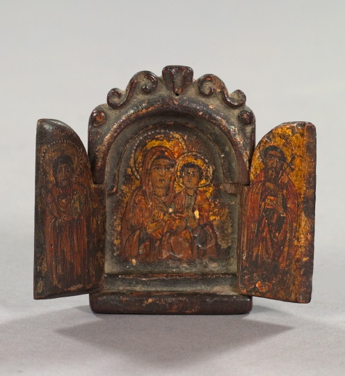 Appraisal: Greek Orthodox Miniature Polychromed and Parcel-Gilt Traveling Triptych second quarter