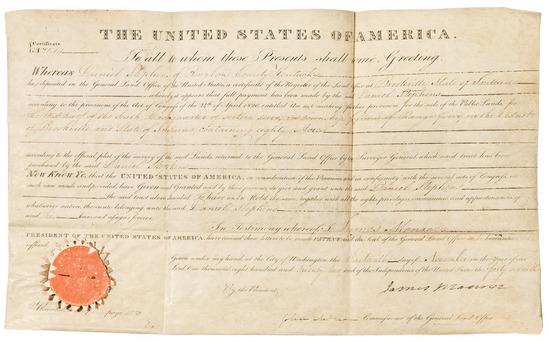 Appraisal: PRESIDENTS -- MONROE James Partly-printed vellum document signed as President