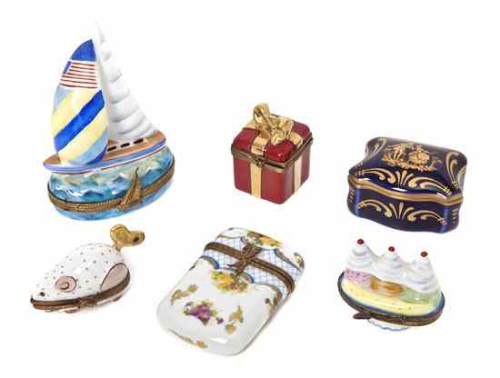 Appraisal: Six Porcelain Limoges Boxes comprising of a ship a wrapped