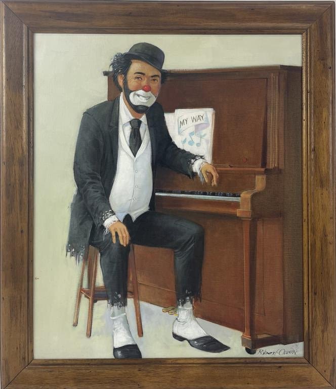 Appraisal: Robert Owen Oil Painting On CanvasClown At Piano Frame x