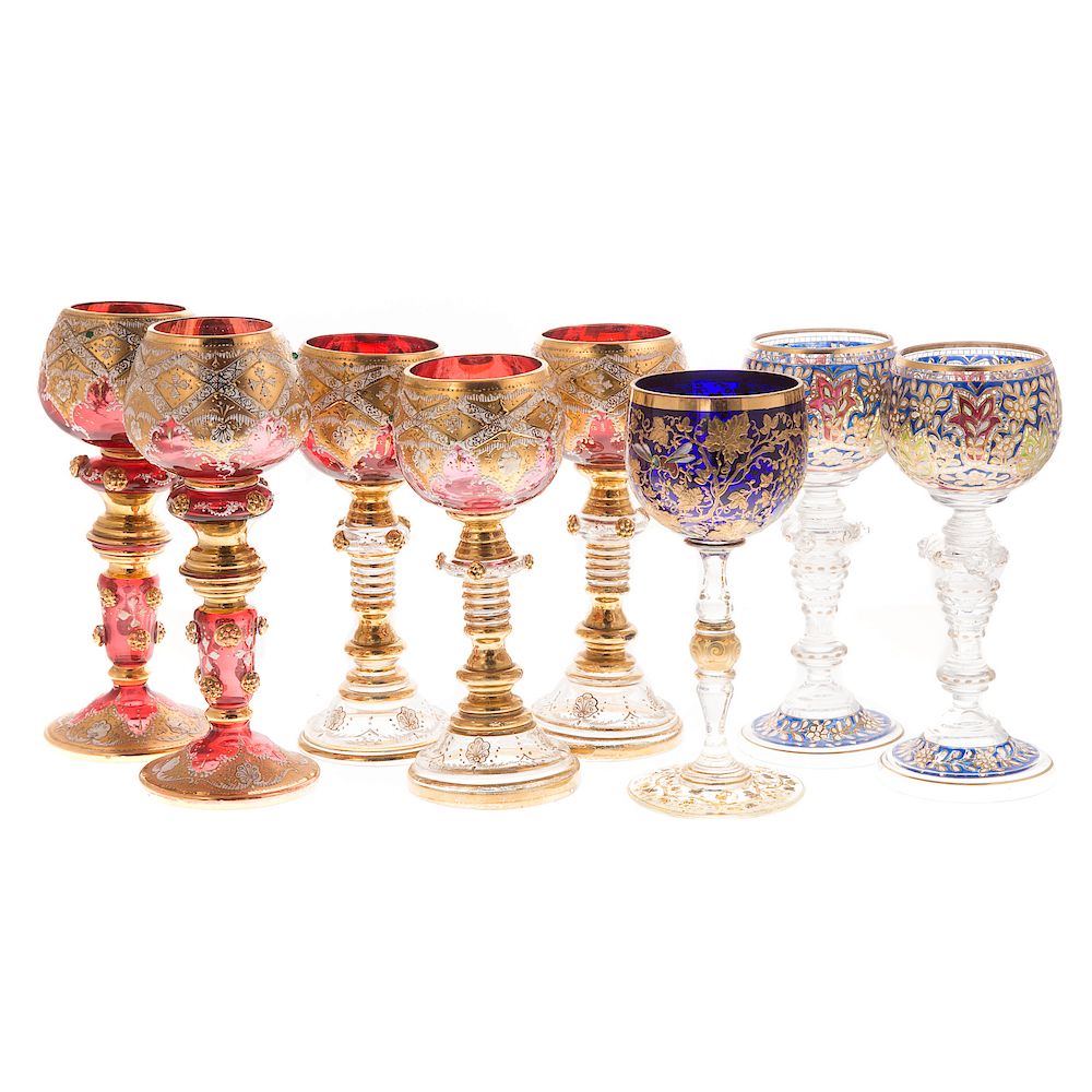 Appraisal: Eight German glass roemers and wine stems th century five