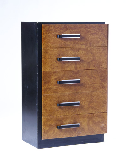 Appraisal: DONALD DESKEY Burl veneer chest of drawers with chrome and