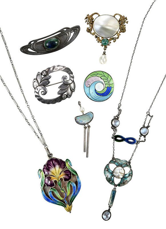 Appraisal: Seven Pieces Art Nouveau Style Jewelry two necklaces one with