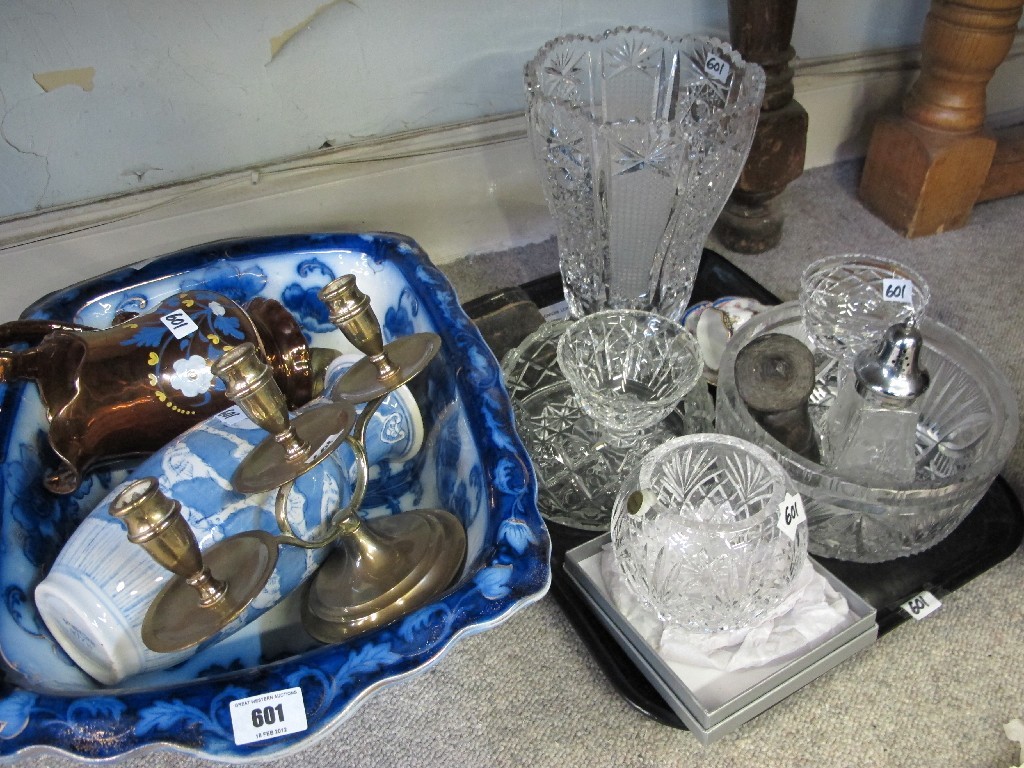 Appraisal: Lot comprising tray of assorted glass Chinese vase flow blue