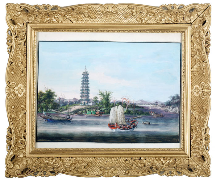 Appraisal: PAIR OF CHINA TRADE GOUACHES OF THE NINE-STAGE PAGODA AT