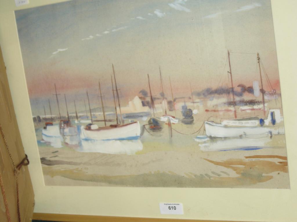 Appraisal: MILES SHARP A Harbour scene with moored Boats signed watercolour