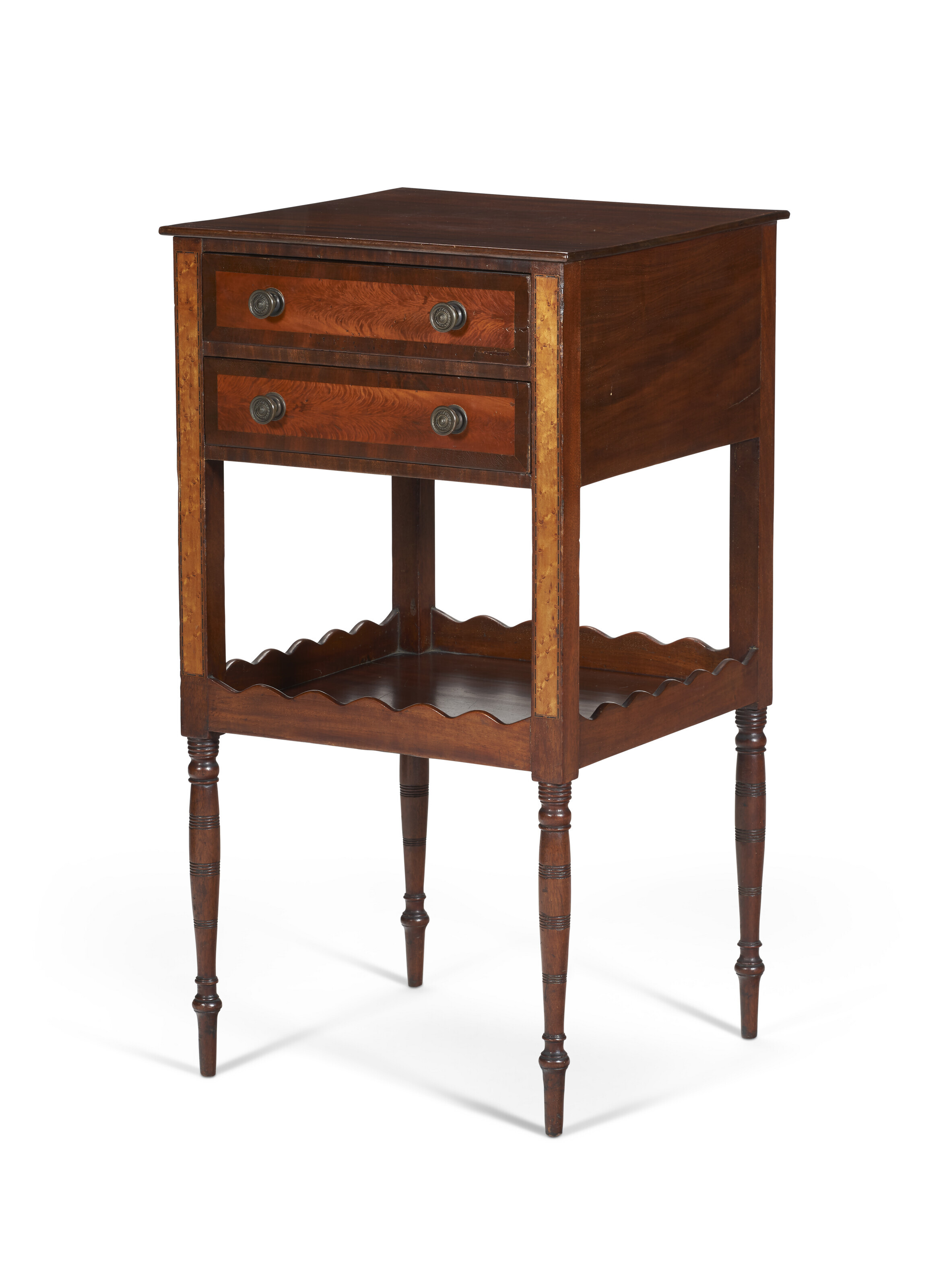 Appraisal: A FEDERAL FIGURED MAPLE AND FLAME BIRCH INLAID-MAHOGANY TWO-DRAWER WORK