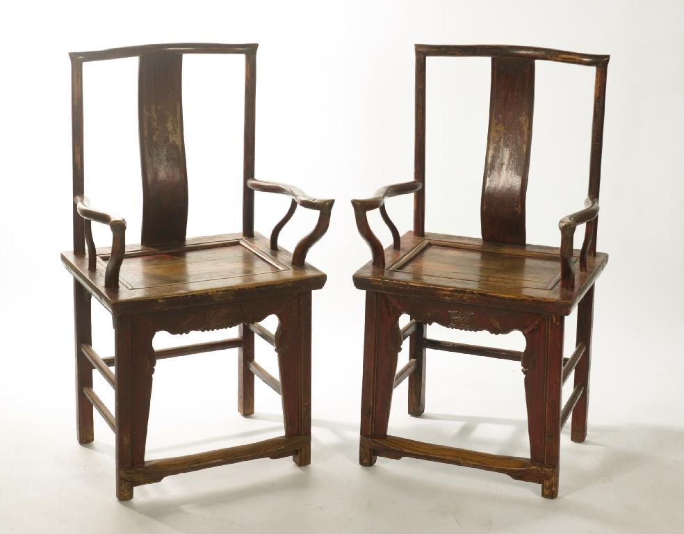 Appraisal: PAIR OF CHINESE ELM AND RED LACQUER OPEN ARMCHAIRS th