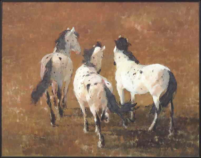 Appraisal: R AHERNS TH CENTURY THREE APALOOSA HORSES Oil on masonite