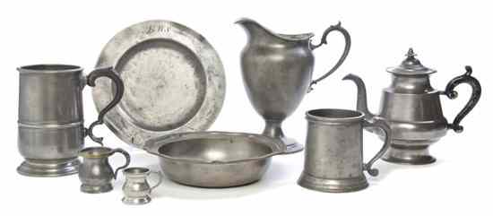 Appraisal: A Collection of Pewter Utilitarian Articles comprising plates a bowl