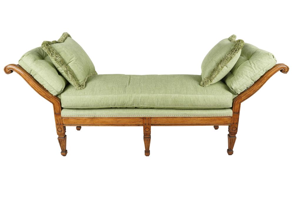 Appraisal: NEOCLASSIC CARVED FRUITWOOD BENCHcovered with green fabric with two throw