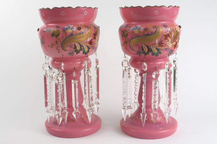 Appraisal: PAIR OF AMERICAN VICTORIAN PINK GLASS LUSTRES hand enameled flower