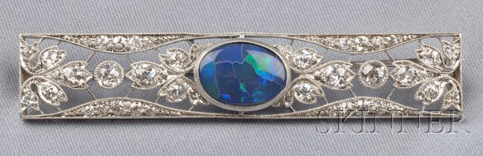 Appraisal: Art Deco Platinum Black Opal and Diamond Brooch bezel-set with