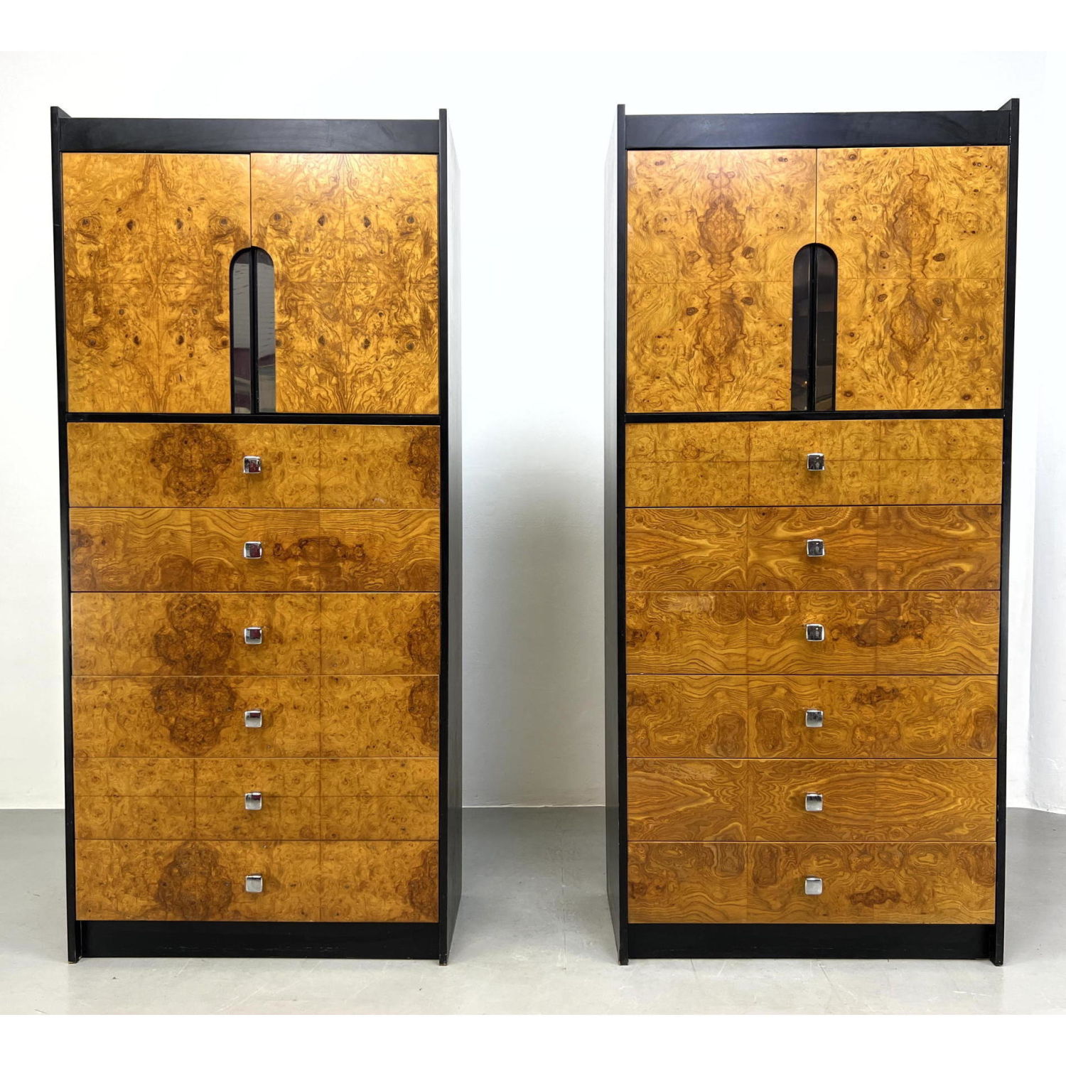 Appraisal: pc Milo Baughman Burl Wood Tall Chest Cabinets Ebonized Cabinets