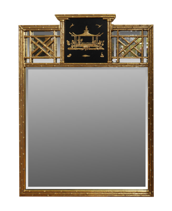 Appraisal: GOLD DECORATED CHINESE MOTIF WALL MIRROR Faux bamboo gilt frame