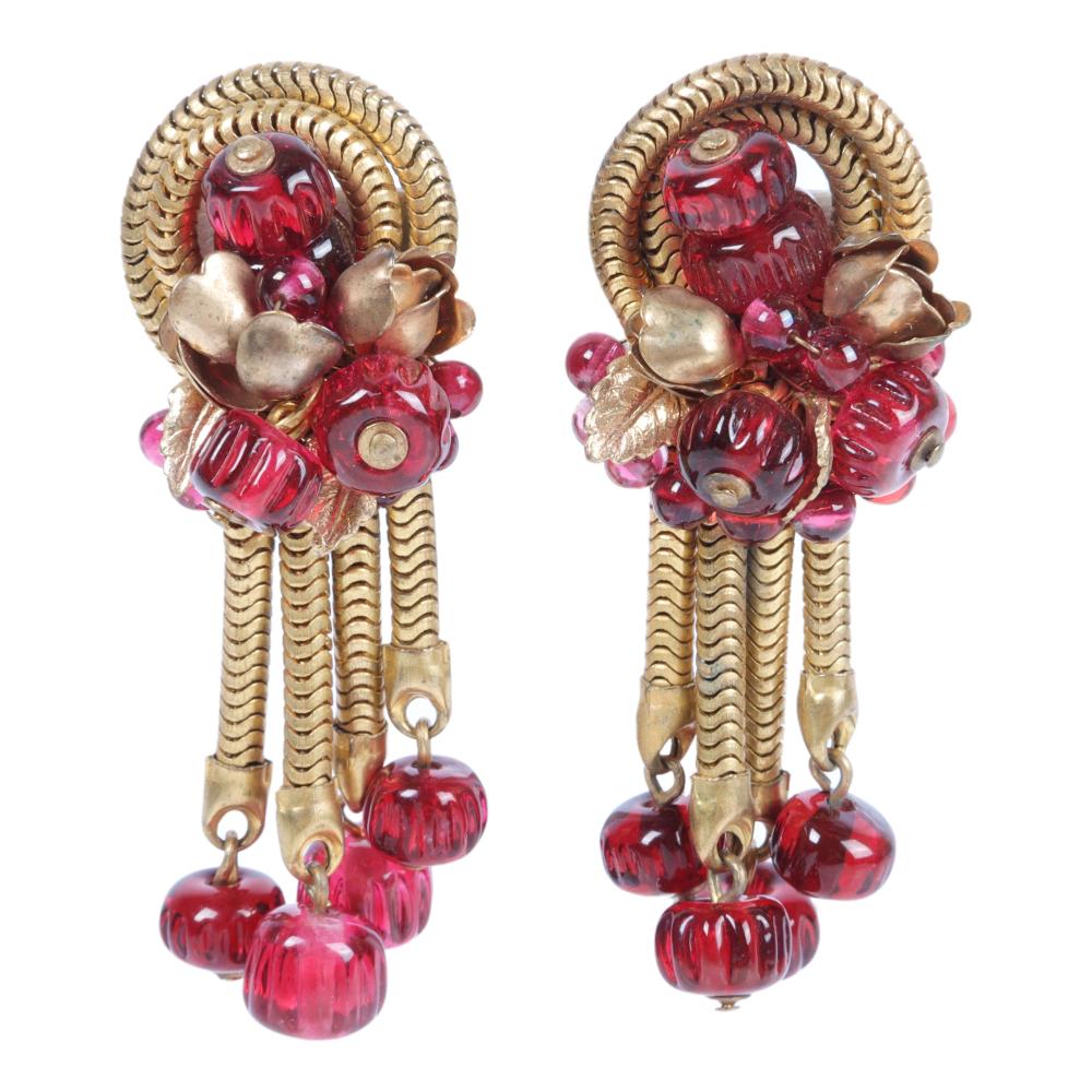 Appraisal: FRENCH CRANBERRY GRIPOIX CRYSTAL AND BRASS FLOWER CLUSTER DROP EARRINGS