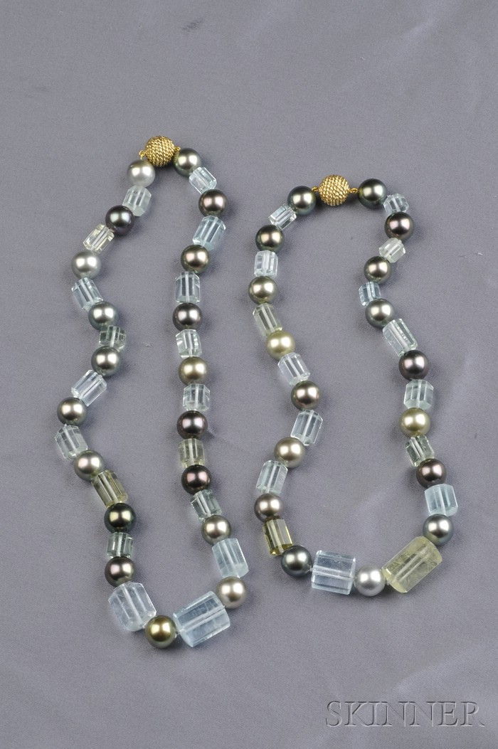 Appraisal: Two Tahitian Pearl Aquamarine and Green Beryl Necklaces Donna Vock