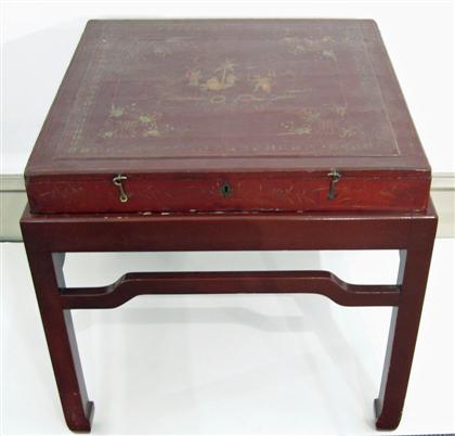 Appraisal: Japanned red lacquer box on stand Of square form decorated