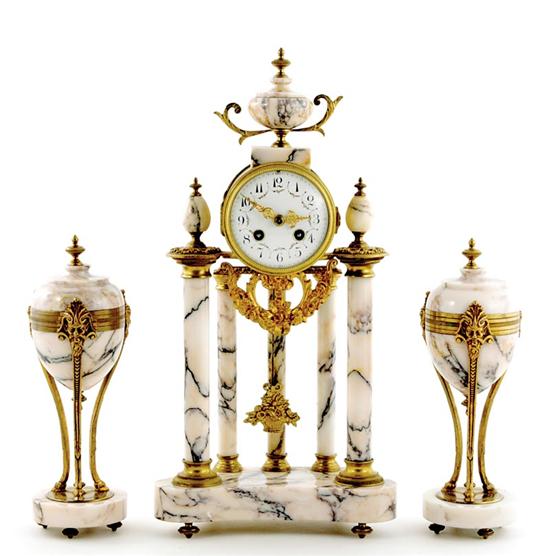 Appraisal: French marble and ormolu portico clock garniture circa mottled rose