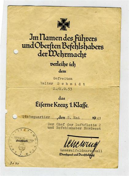 Appraisal: piece Document Signed Kesselring Albert Headquarters May p to partly-printed