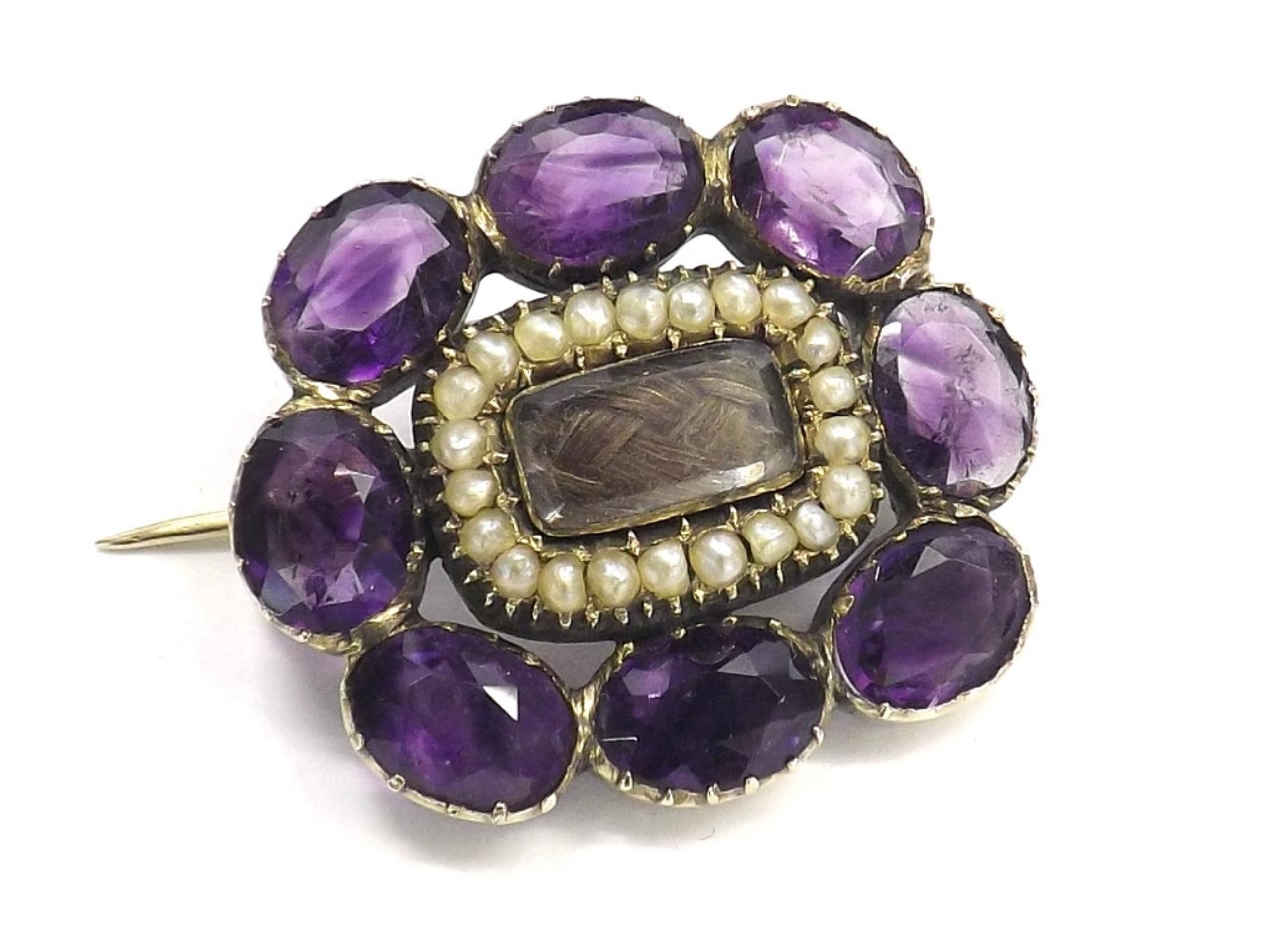 Appraisal: Antique amethyst and seed pearl brooch the centre with a