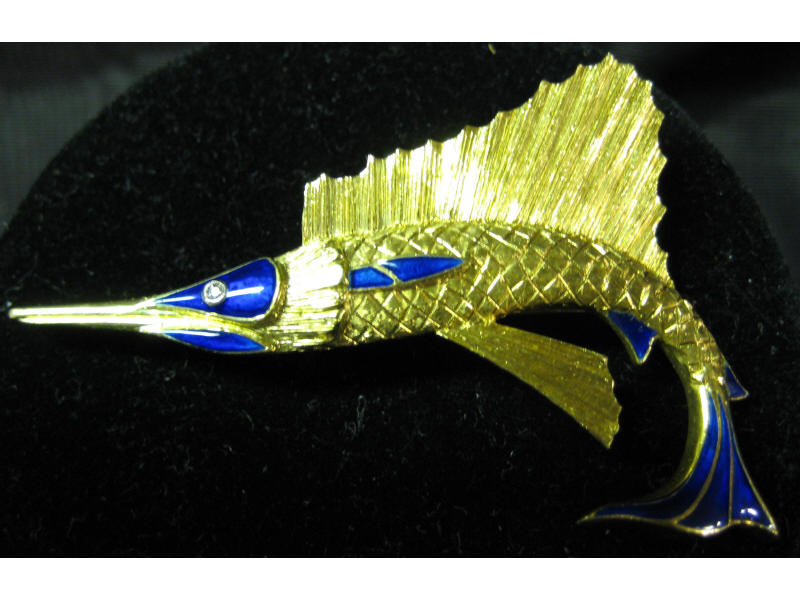 Appraisal: SWORDFISH BROOCH k yellow gold brooch with textured engraving and