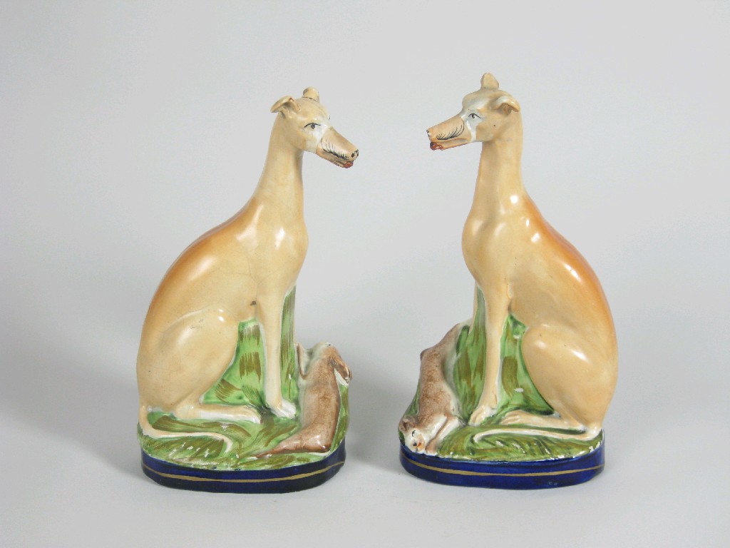 Appraisal: Pair of Staffordshire figures of seated Whippets with hares moulded