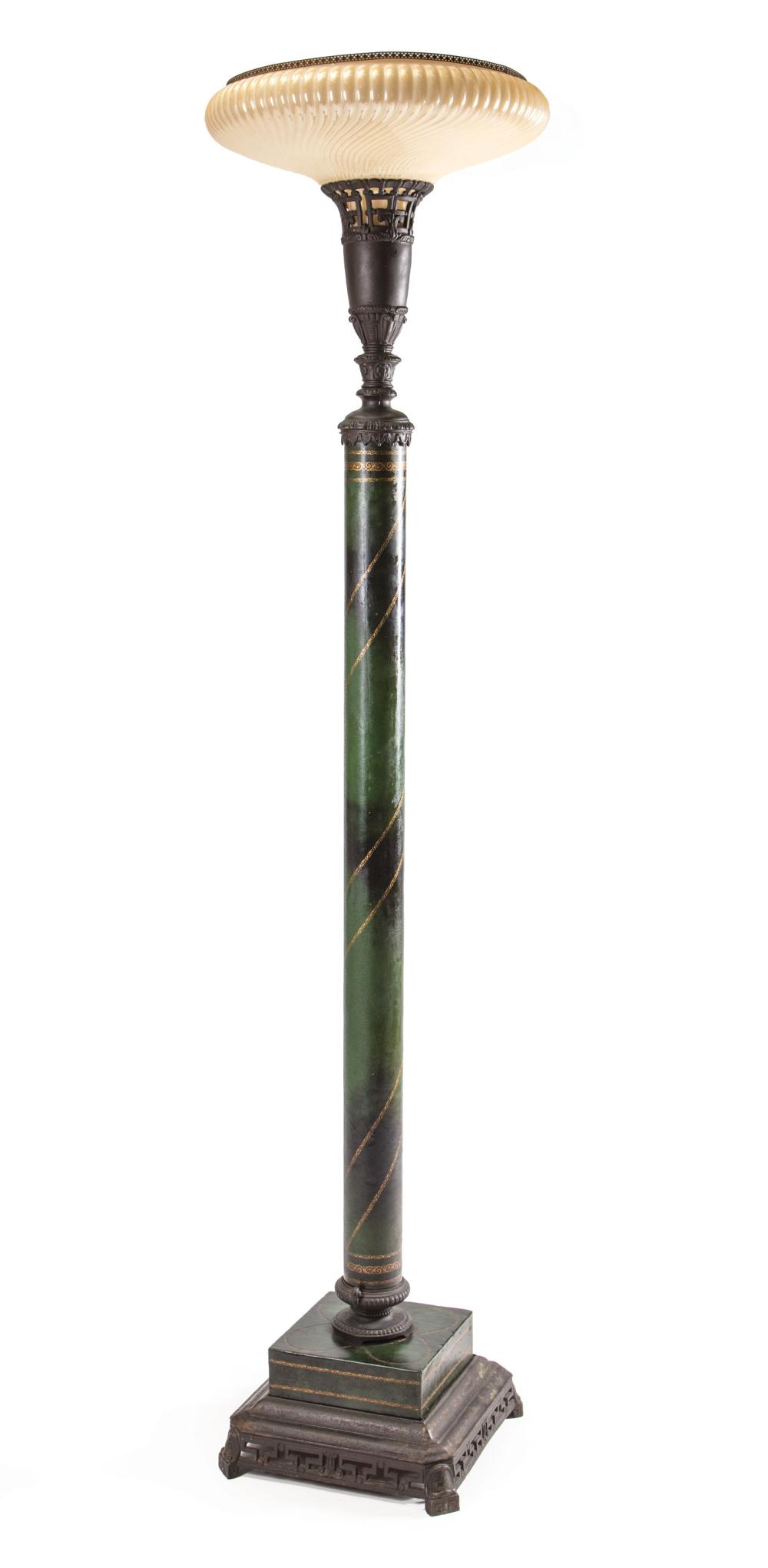 Appraisal: Patinated Metal and Tooled Leather Torchere th c h in