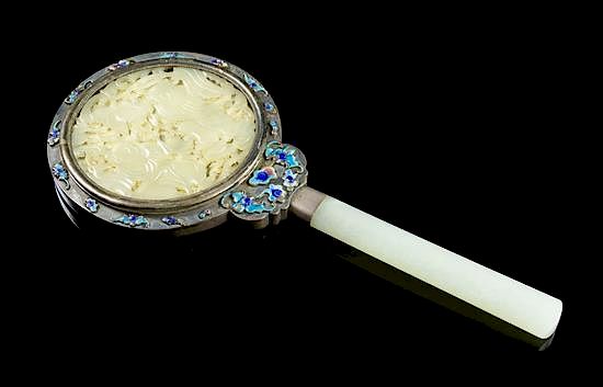 Appraisal: A Jade Silver and Enamel Hand Mirror Height overall inches