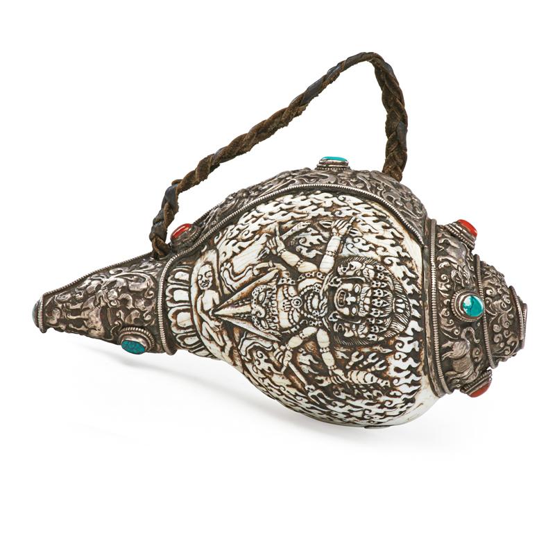 Appraisal: TIBETAN SILVER MOUNTED CONCH TRUMPET Condition Report