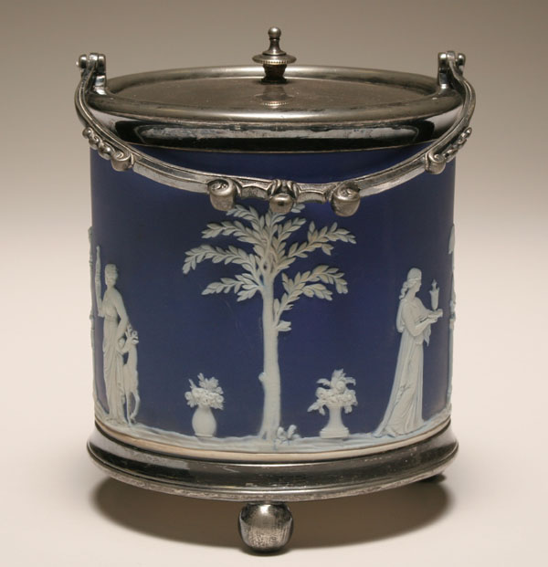 Appraisal: Wedgwood jasperware biscuit jar English silverplate mounted biscuit jar the